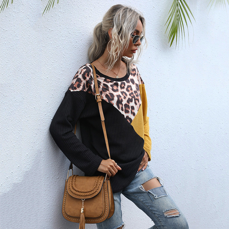Top Women's Leopard Print Splicing Round Neck Loose Long Sleeve Long Knit Shirt