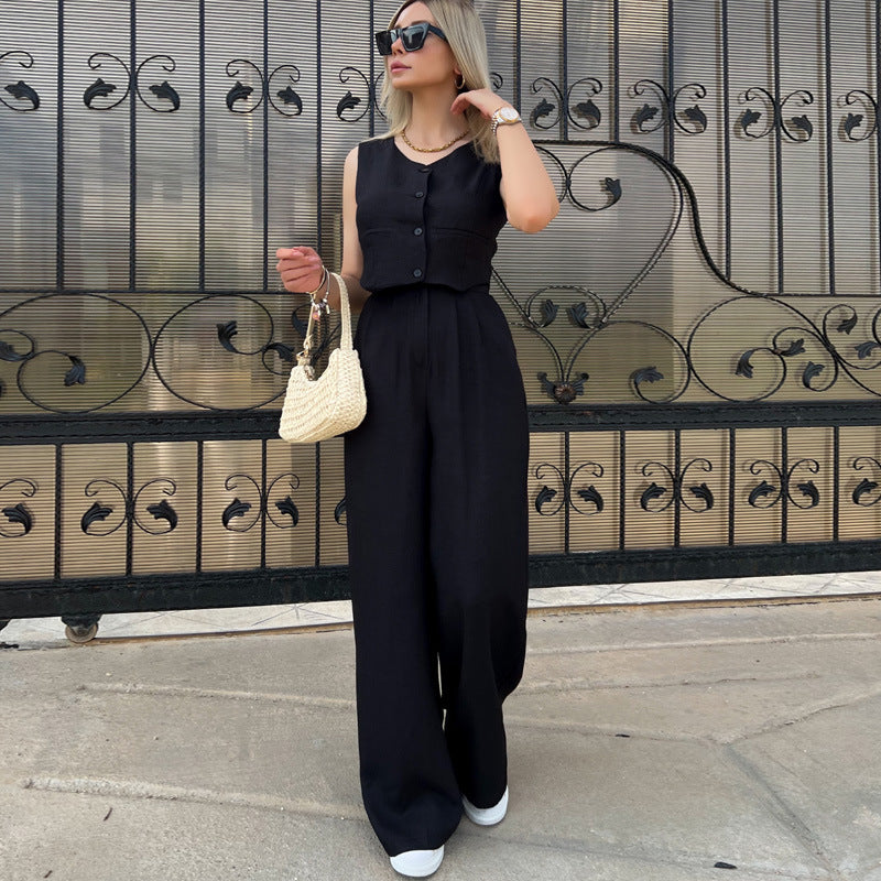 Women's Solid Color Sleeveless Vest V-Neck Short Summer Jacket And Trousers Two-Piece Set