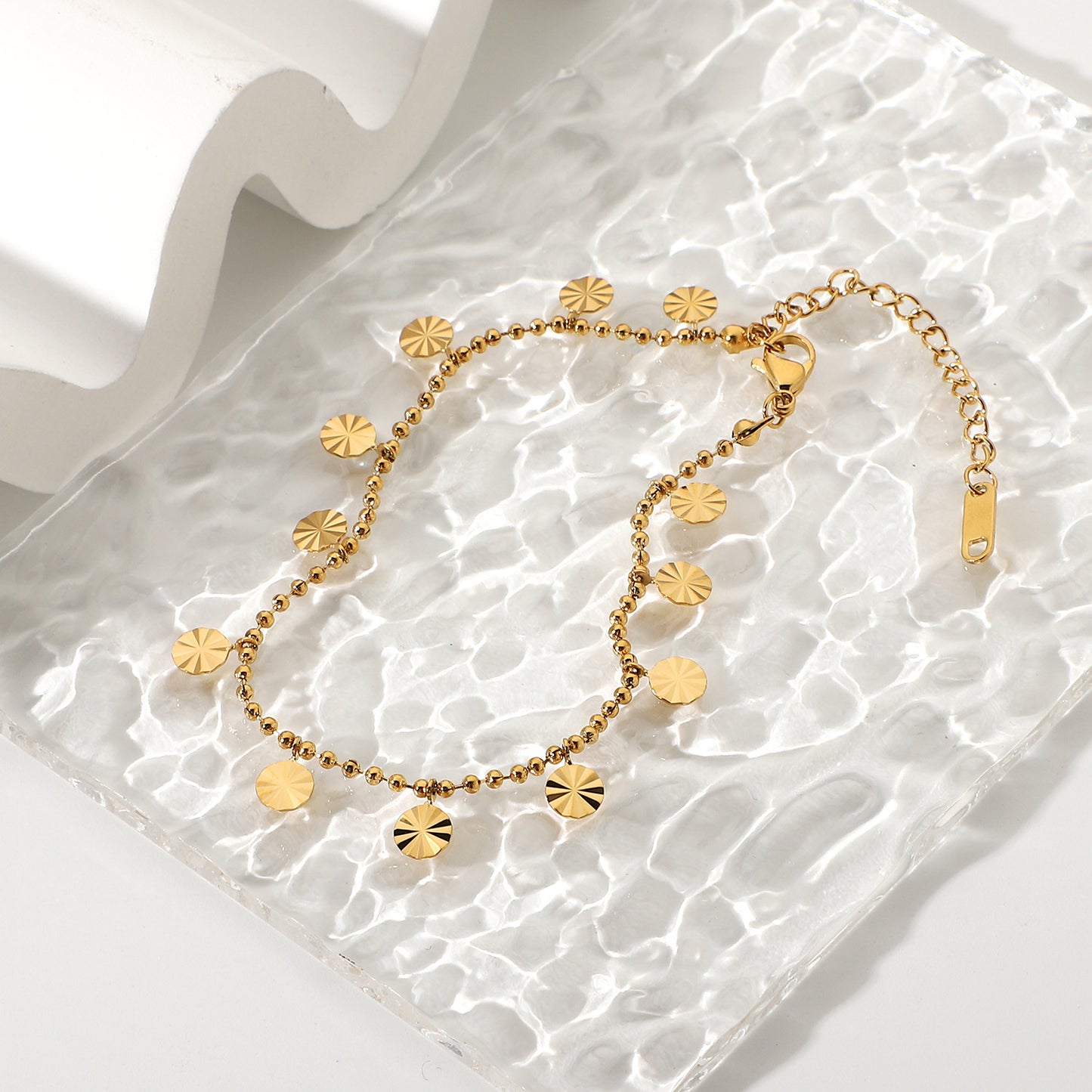 5pcs 18K Gold Plated 316L Stainless Steel Anklet Beaded Petal Disc Pendant Anklet Anklet Foot Decoration Woman