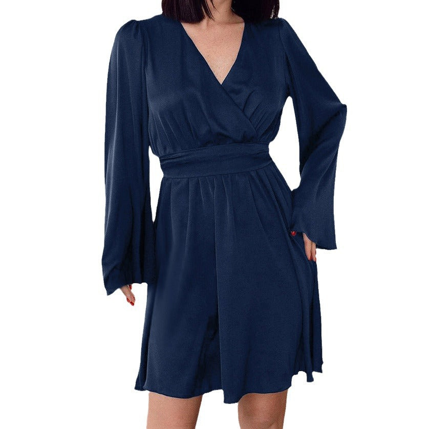 Navy Blue V-Neck Flared Sleeves Commuter Lace-Up Dress New Spring Fashion Short Skirt Women