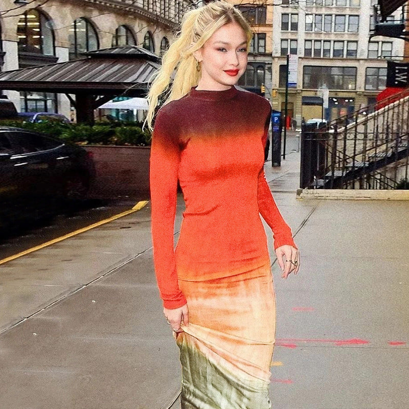 Personality Matching Color Dress Slim-Fit Set Head Round Neck Long Sleeve Sheath Skirt Increase Size Fat Mm Tall Waist Full Skirt