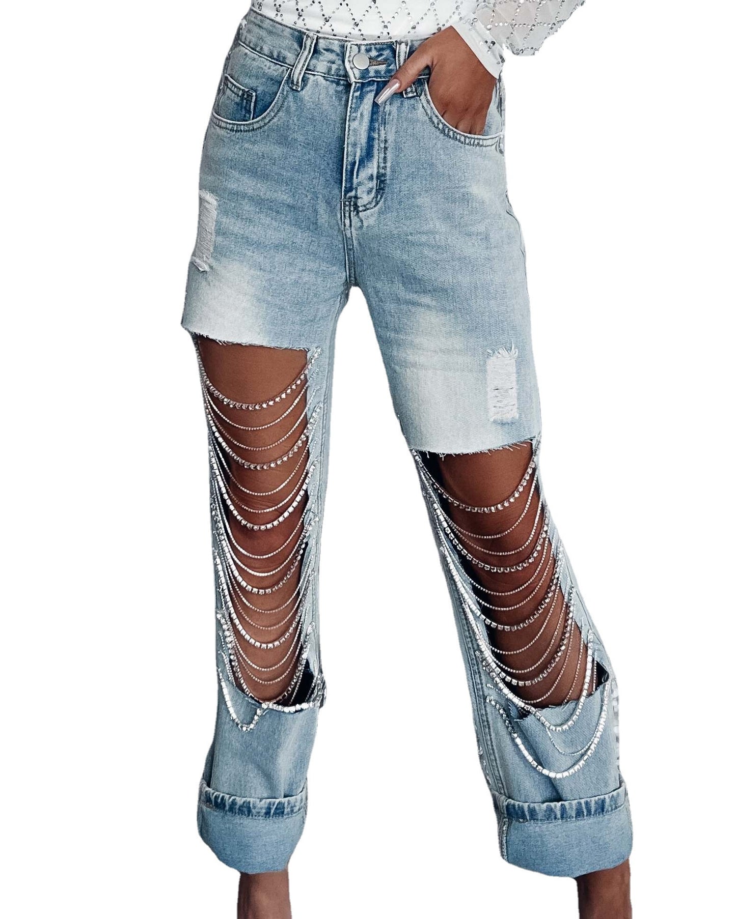 Early Spring Ripped Jeans Women's Chain Hanging Straight-Leg Pants