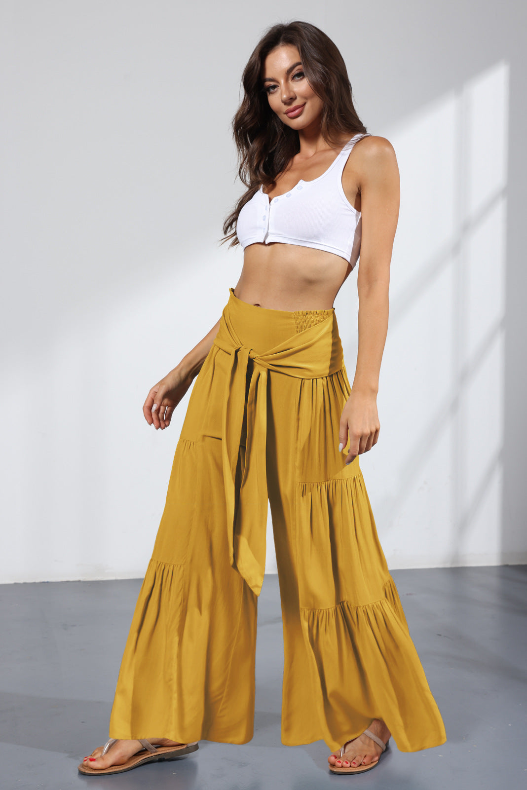 Women's Fashion Temperament Lace-Up Elastic Waist Pleated Wide-Leg Pants Casual Loose Pants