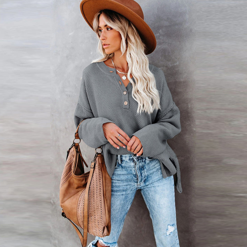 Autumn And Winter New Solid Color Long Sleeve Sweater Women Button-Down Bottom Shirt