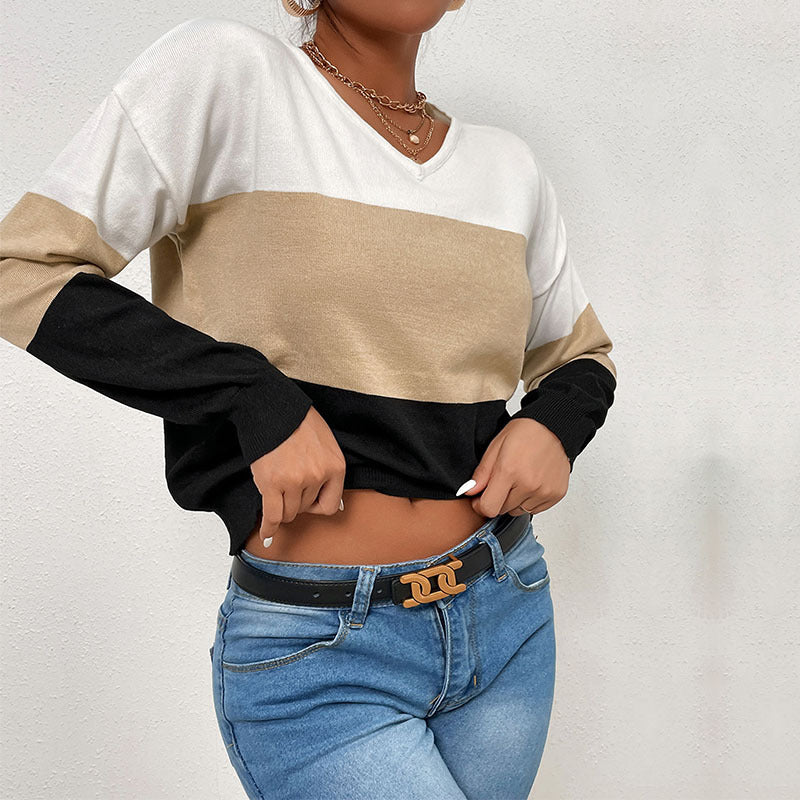 Autumn Winter Loose Casual V-Neck Top Color Long-Sleeved Sweater Women