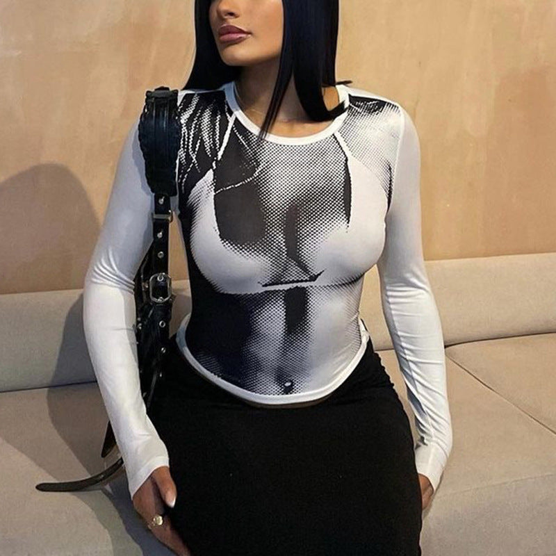 Personality Trend Sexy Short Women's Print Round Neck Slim Long Sleeve T-Shirt Large Size Fat Mm Tight Top