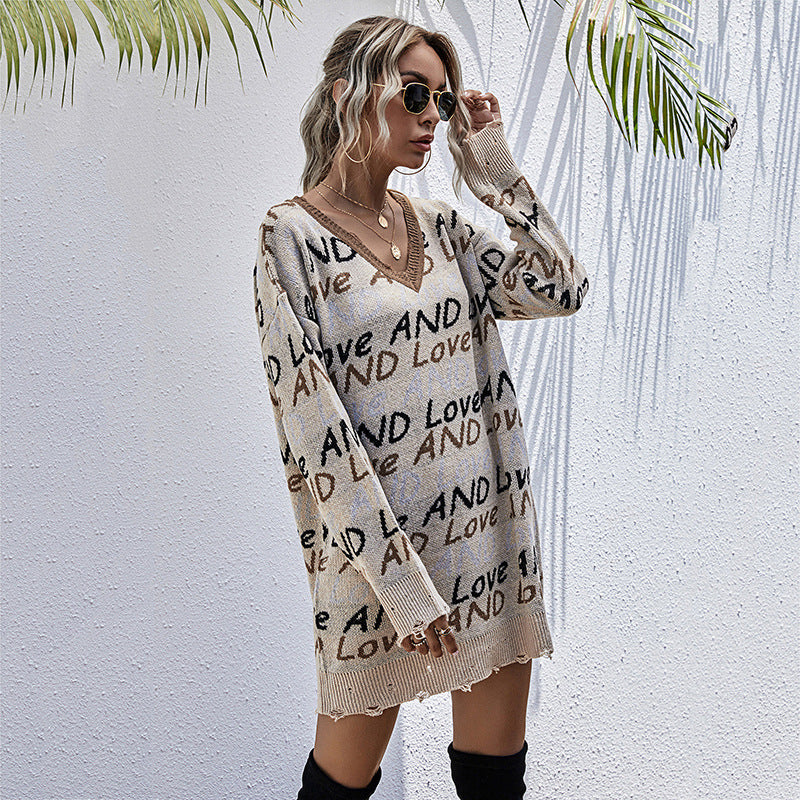 V-Neck Long Sleeve Letter Off-The-Shoulder Sweater Dress for Women