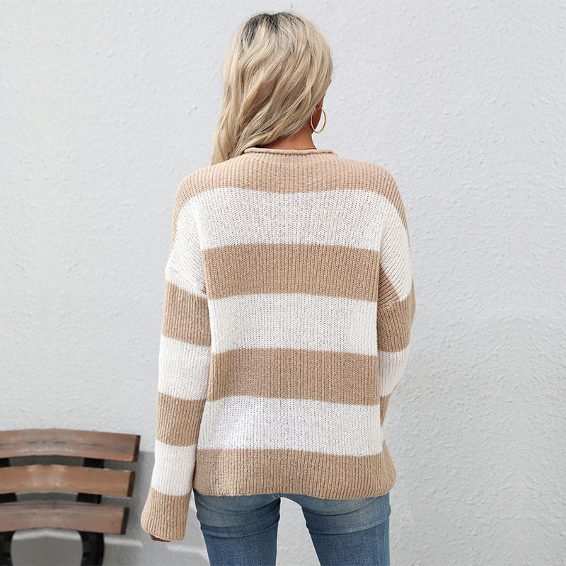 New Autumn And Winter Fashion Women's Long-Sleeved Striped Half Turtleneck Sweater