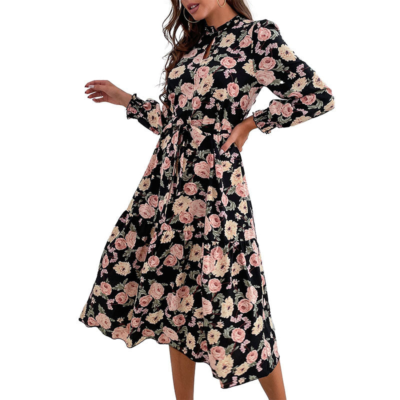 Lace-Up Skirt Autumn Autumn New Mid-Length Chiffon Printed Dress Female