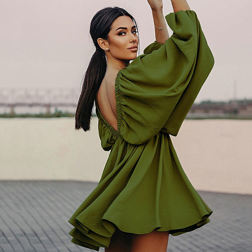 Autumn Women's Skirt Lantern Sleeve V-Neck Sexy Temperament Senior Vintage Dress