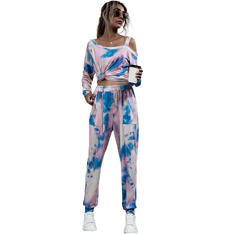 Women's Printed Off-The-Shoulder Long Sleeve Tie-Dye Fashion Set Two-Piece