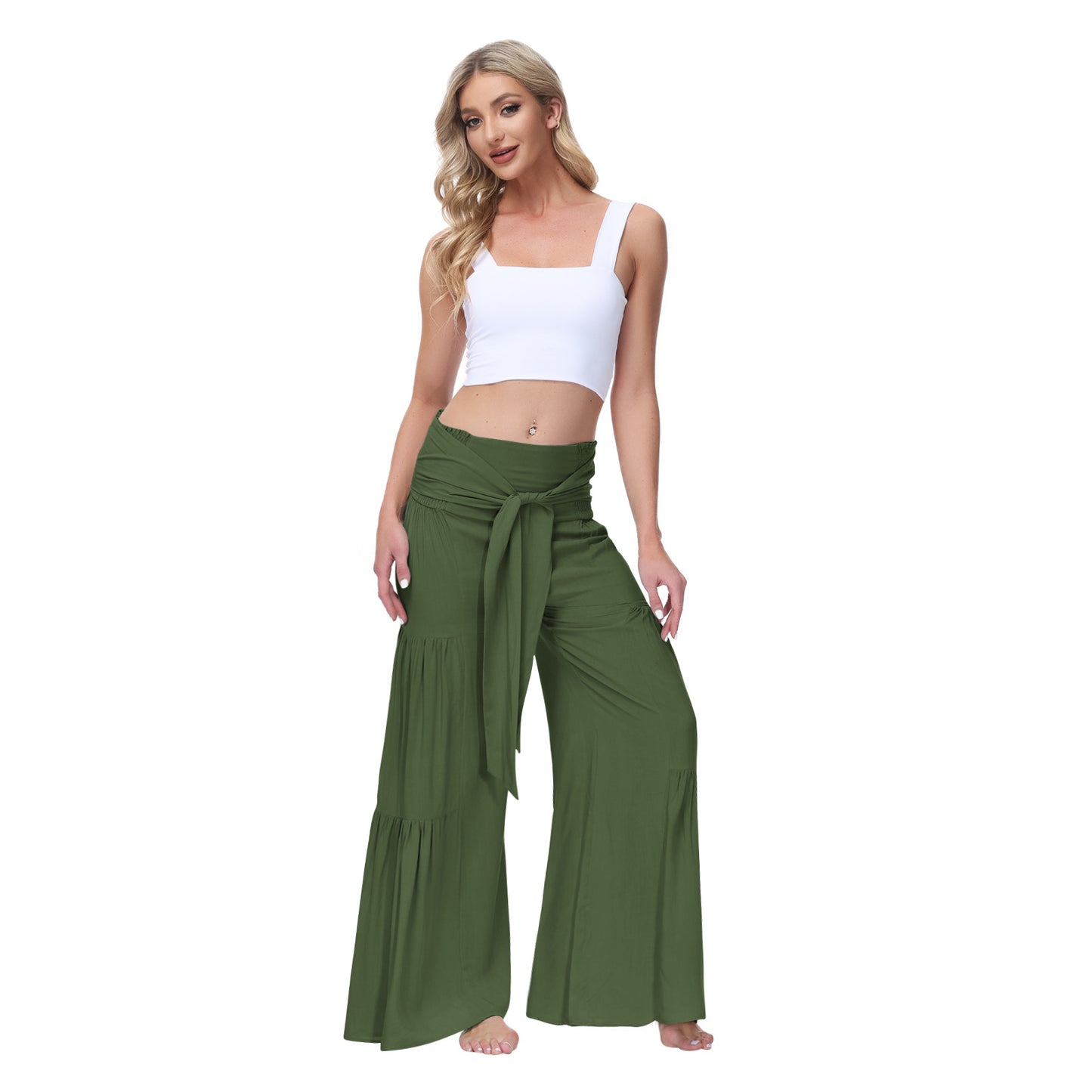 Women's Fashion Temperament Lace-Up Elastic Waist Pleated Wide-Leg Pants Casual Loose Pants