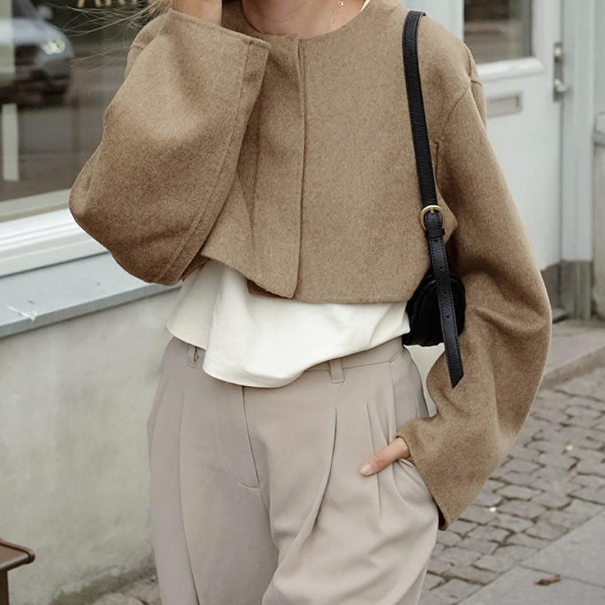 Brown Slouchy Niche Design Maillard Woolen Coat Autumn Winter Women's Short Top