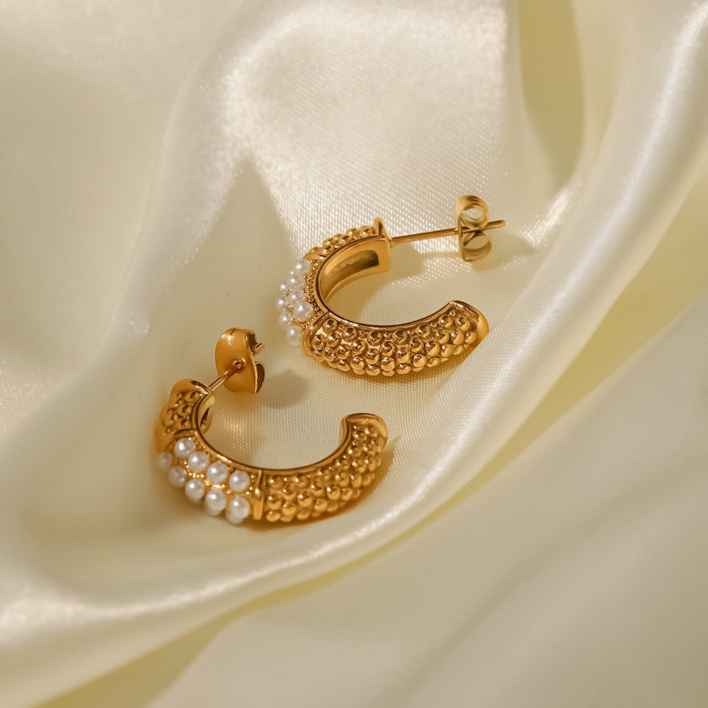 5pcs New Women's Fashion All Match Personality C-Shaped Inlaid Pearl Titanium Steel Earrings Stainless Steel Gold-Plated Earrings