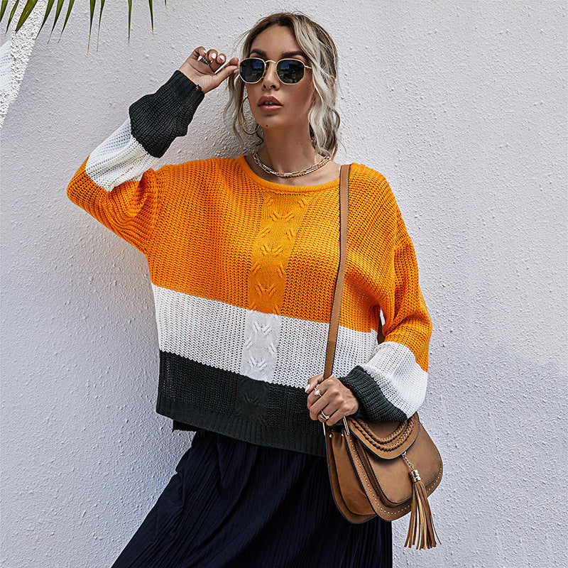 Casual Loose Long-Sleeved Color Contrast Twist Women's Sweater