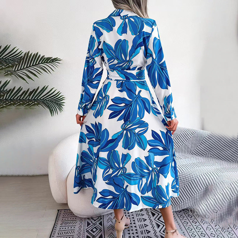 Women's Autumn Winter Color Plant Flower Lapel Print Shirt Skirt Long Dress