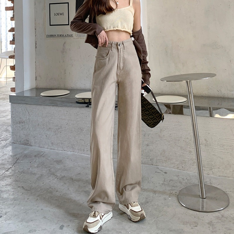 High-Waisted Straight Leg Jeans For Women Autumn And Winter Retro Small Man Loose Slim Tall Full Length Wide Leg Trousers