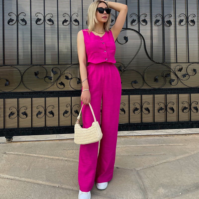 Women's Solid Color Sleeveless Vest V-Neck Short Summer Jacket And Trousers Two-Piece Set