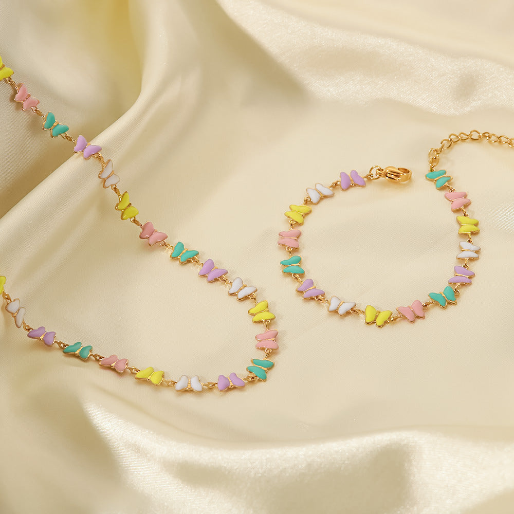 5pcs Women's Fashion 100 Accessorize With 18-Karat Gold Stainless Steel Dripping Bracelet Colorful Enamel Butterfly Collar Necklace Set