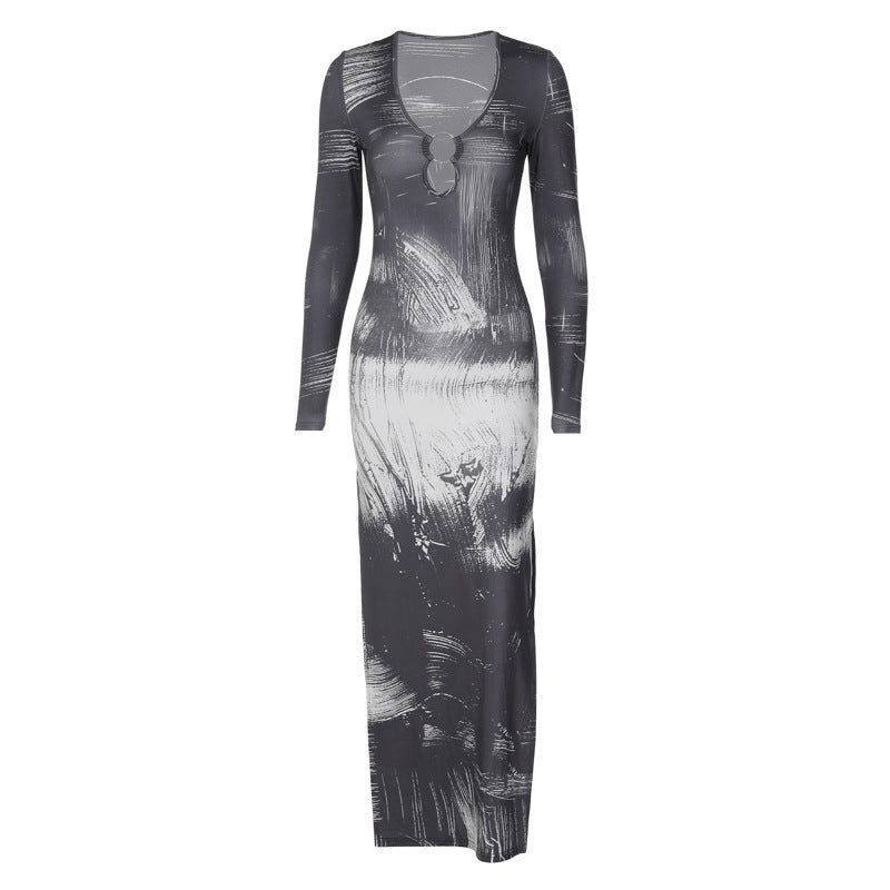 Women's Print Sexy Slimming Form-Fitting Side Slit Long-Sleeved Dress Slimming Hip Wrap Dress