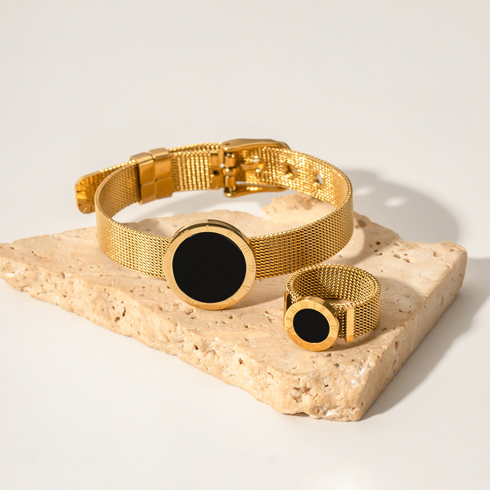 5pcs Vintage Niche Set 16K Gold Stainless Steel Black Sheet Romanesque Time Watch With Bracelet Do Not Fade Hand Jewelry