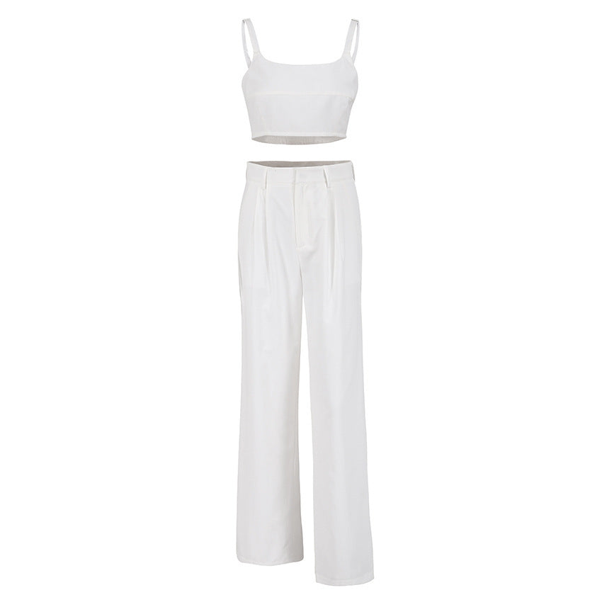 Cotton Hemp Women's Summer Halter Vest Wide Leg Pants Two-Piece Crop Loose Casual Fashion Suit