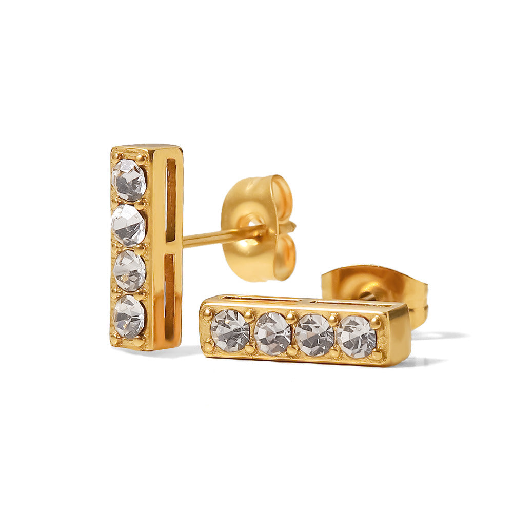 5pcs Women's New Titanium Steel Fine Earrings 18K Gold Stainless Steel Rectangular Inlaid With White Diamond Stud Earrings