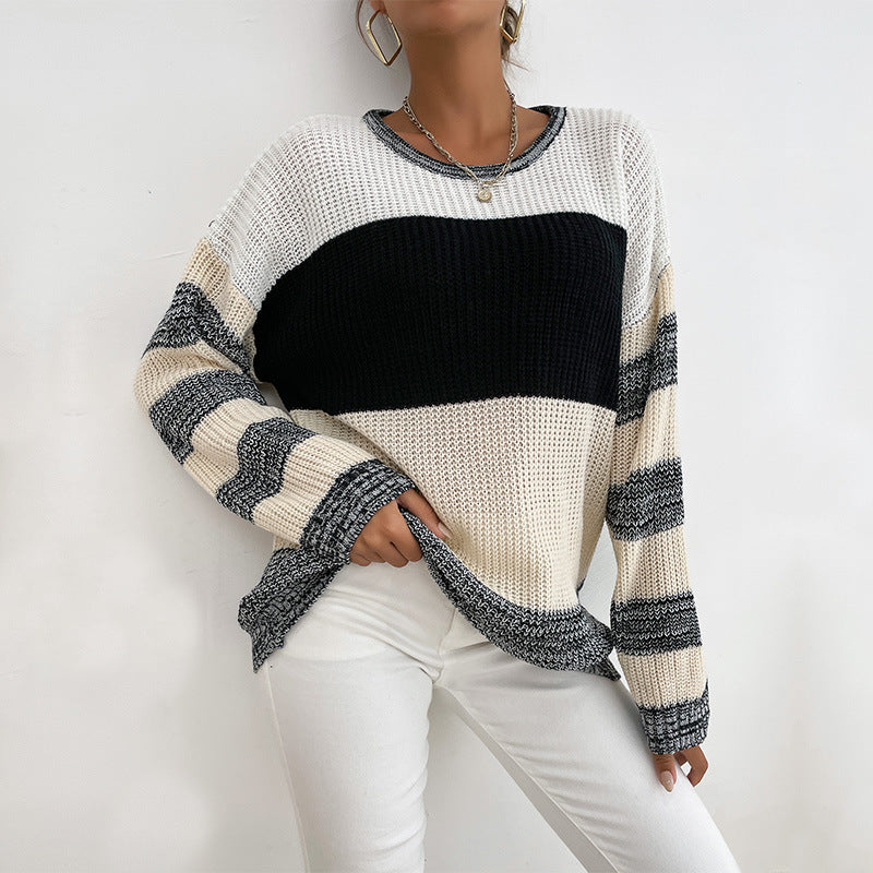Autumn New Women's Thin Pullover Round Neck Black And White Color Sweater