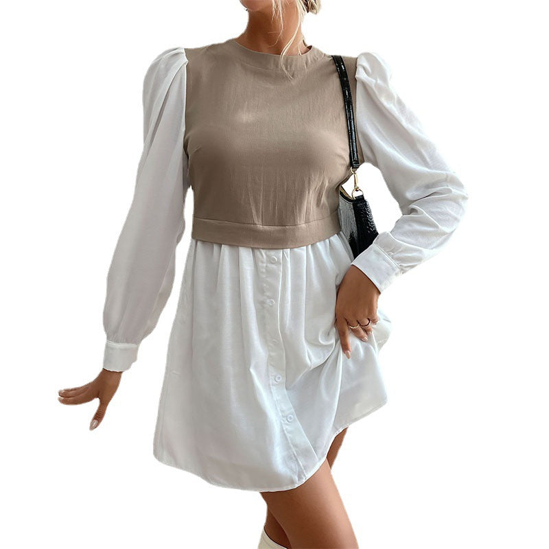 Women's Round Neck Long-Sleeved Color Patchwork Dress