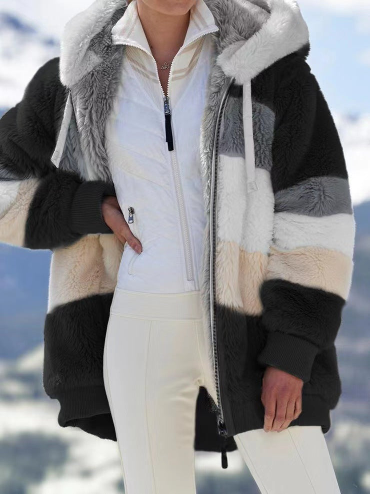 Autumn/Winter Warm Plush Patchwork Zipper Pocket Hooded Loose Coat For Women