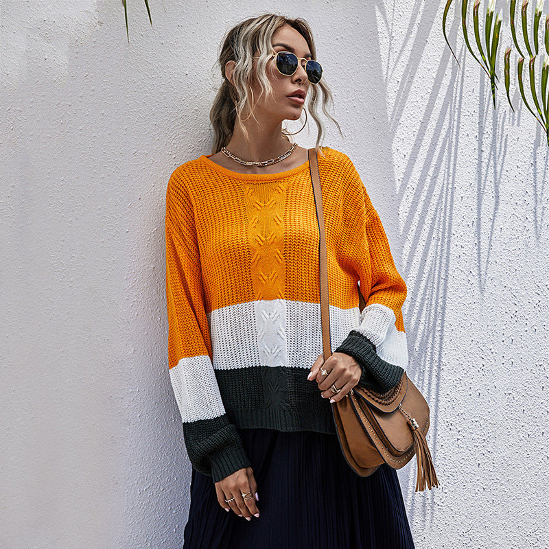 Casual Loose Long-Sleeved Color Contrast Twist Women's Sweater