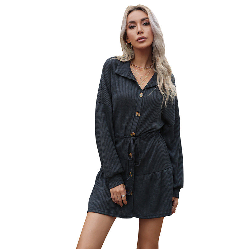 Autumn Winter Casual Women's Dress With Long Sleeves Solid Color Lapel Sweater Dress