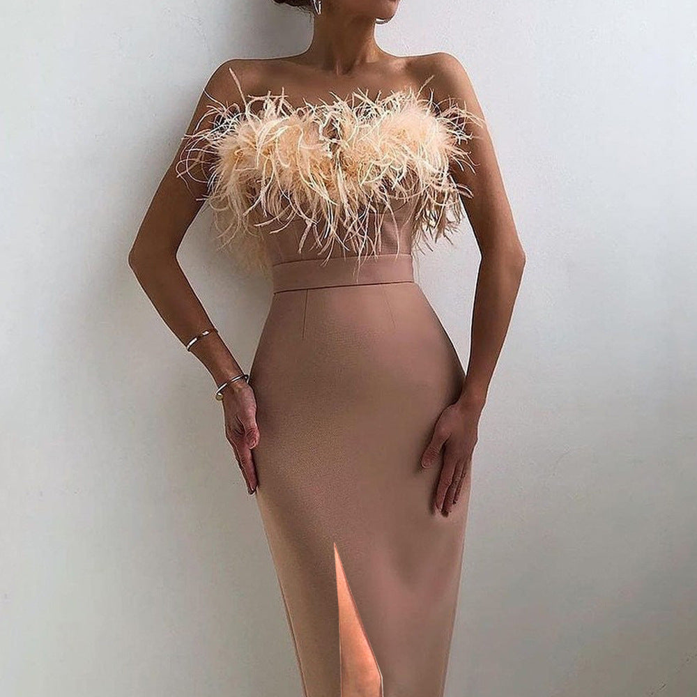 New Spring And Summer Women's Halter Feather Dress Banquet Slimming Temperament Package Arm Dress