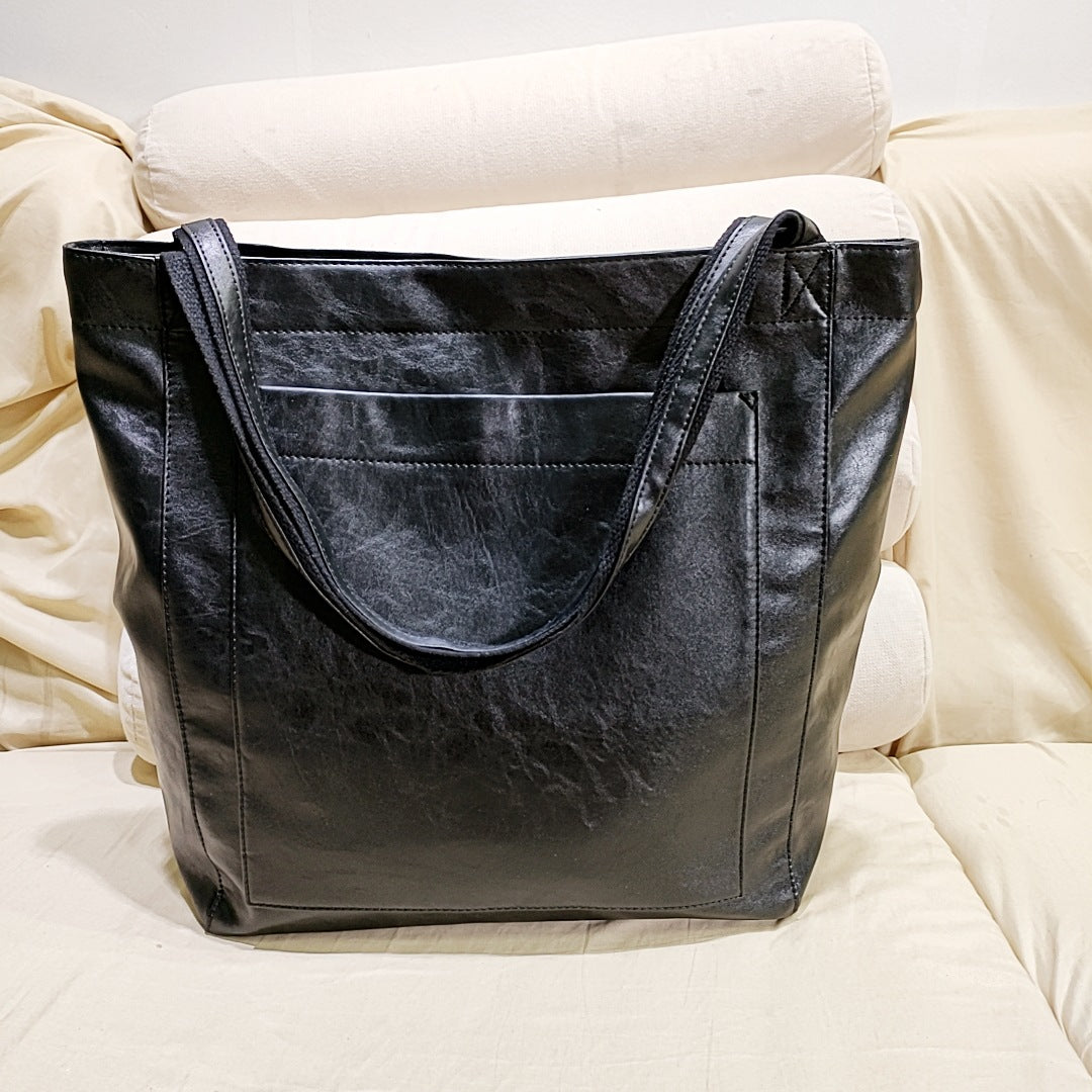 Women's Soft Leather Hand Bill With Pocket Shoulder Vintage Oil Wax Leather Large Capacity New Tote Bag For