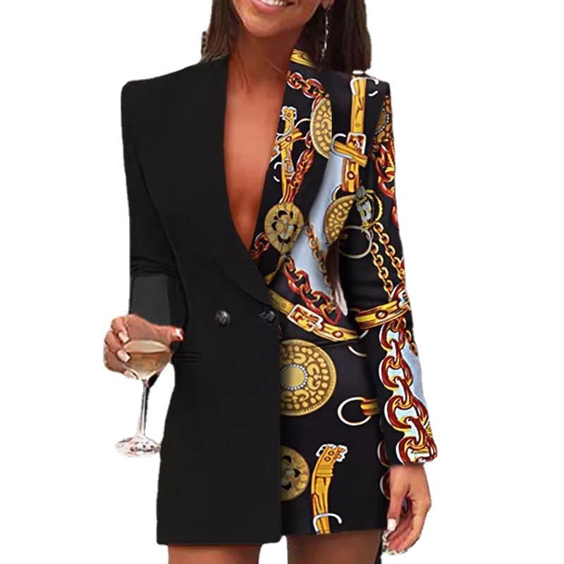 New Two-Color Splicing Printed Small Suit Sexy Deep V Casual Party Party Skirt