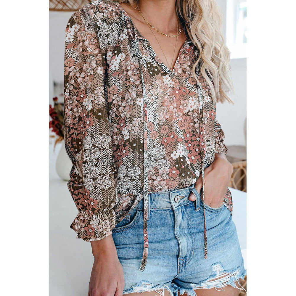 Bohemian Style Long-Sleeved Chiffon Blouse Women's Loose V-Neck Pullover Top