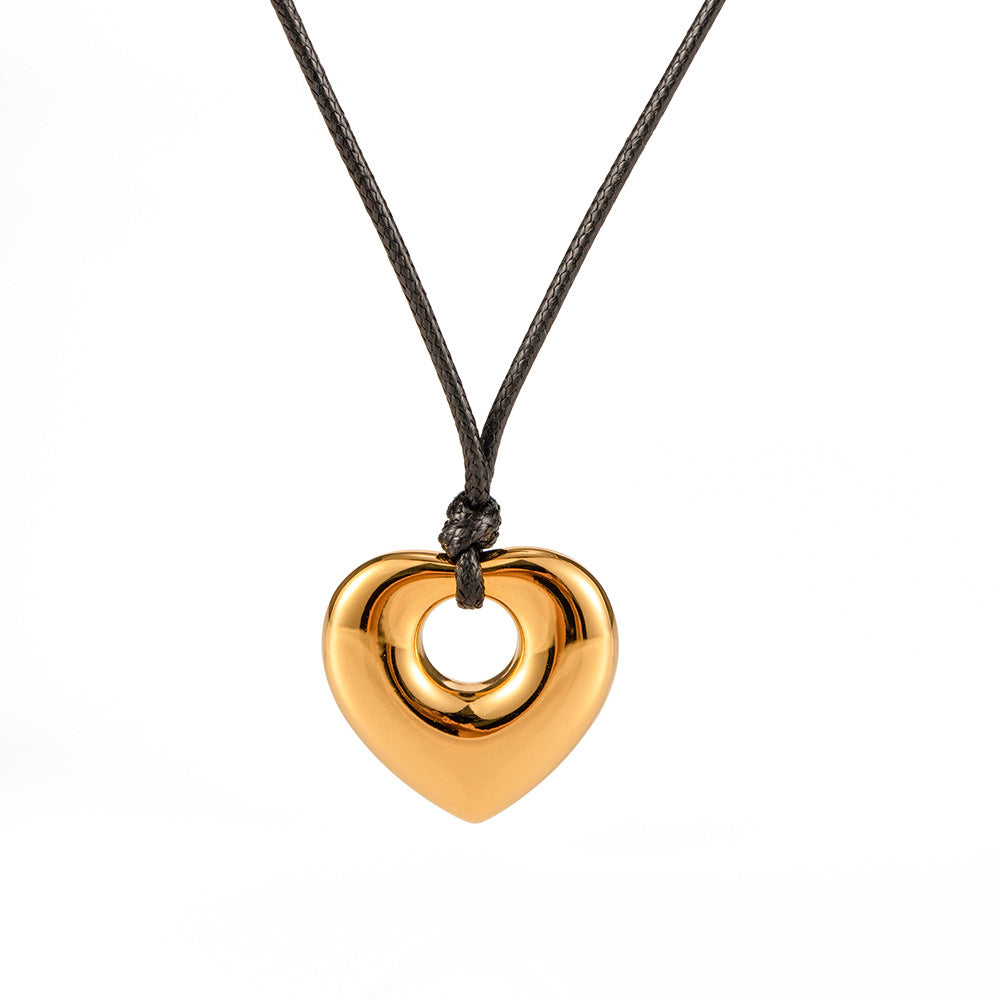5pcs Stainless Steel Black Wax Rope Hollow Love Pendant Necklace Light Luxury Senior Minority