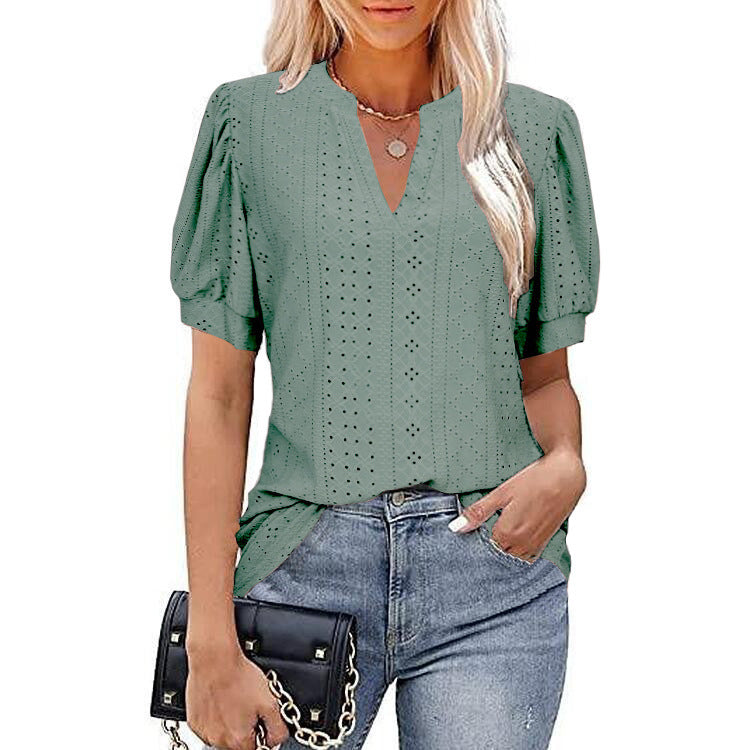 Spring And Summer Casual V-Neck Solid Color Hollow Puffy Sleeve Loose T-Shirt