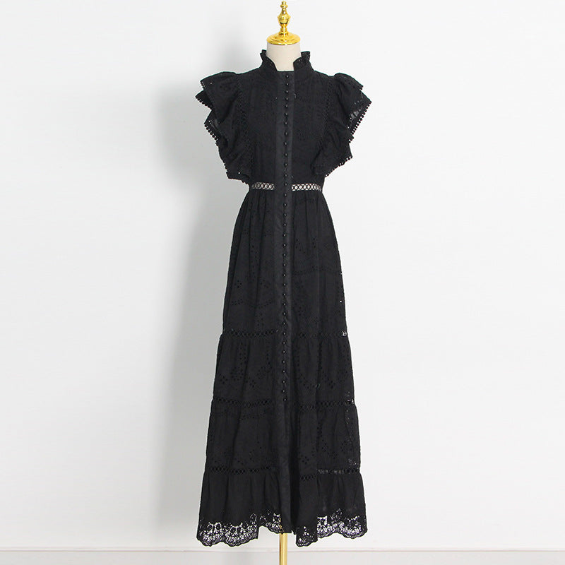 Fashion Solid Color Long Dress Spring New Fashion High-Neck Sleeveless Hollow Embroidery Dress