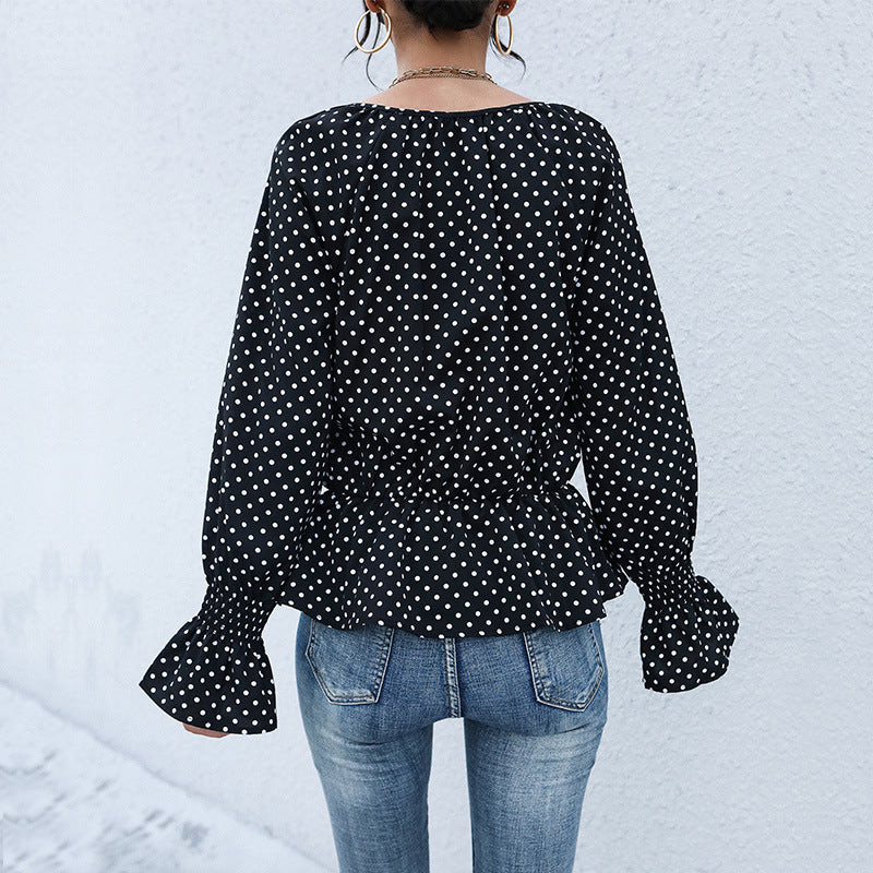 Fashion Women's Tie Black Polka Dot Long-Sleeved Shirt Women Spring And Autumn