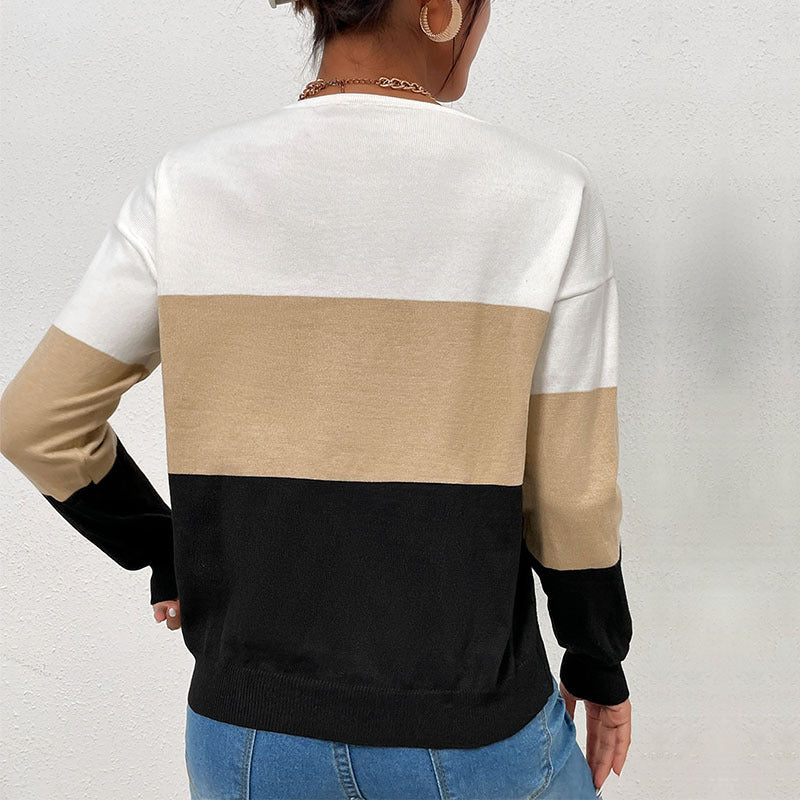 Autumn Winter Loose Casual V-Neck Top Color Long-Sleeved Sweater Women