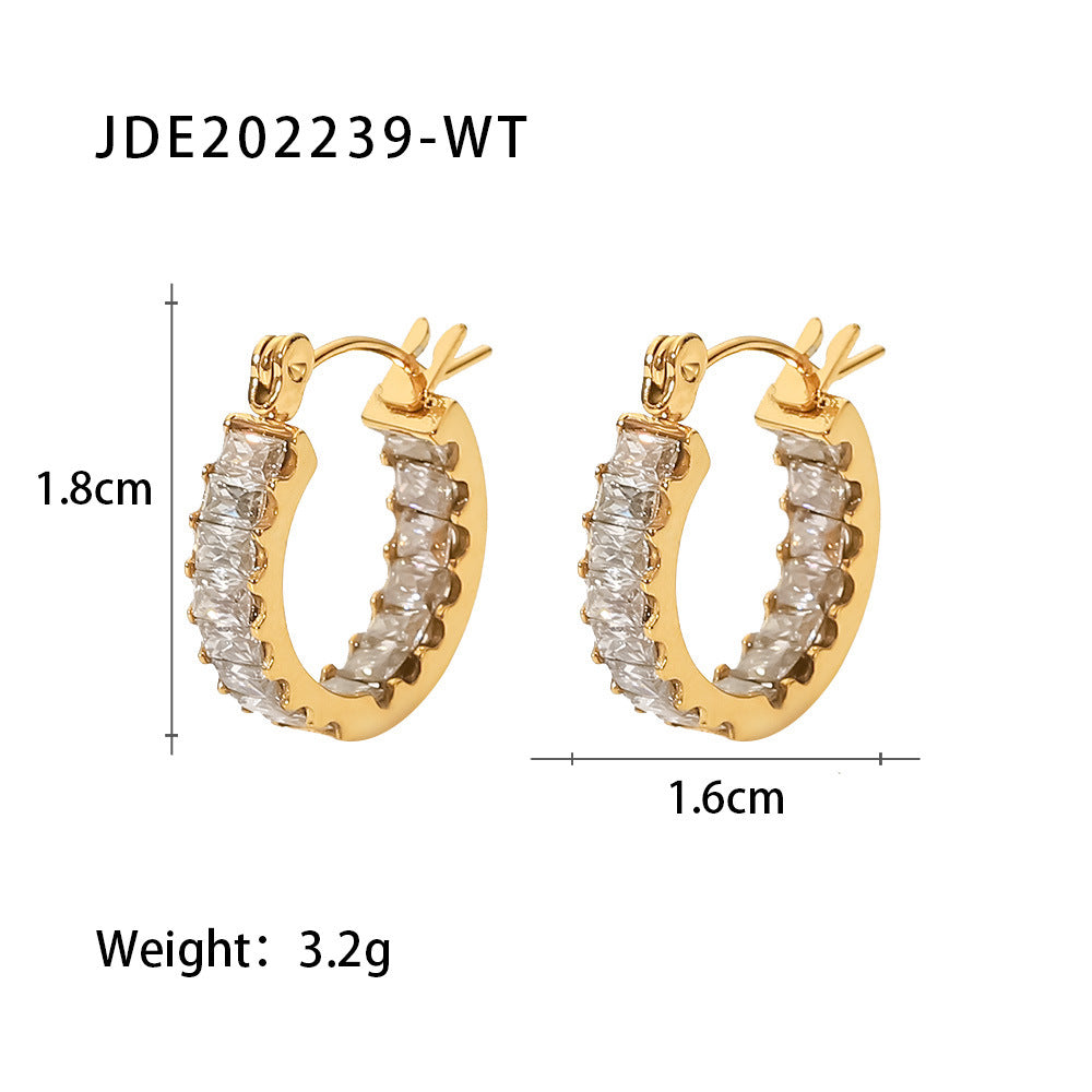 5pcs Niche Style Women's Fashion All-Match Titanium Steel Earrings 18K Gold Stainless Steel White Zirconium Inlay Ring Earrings Jewelry