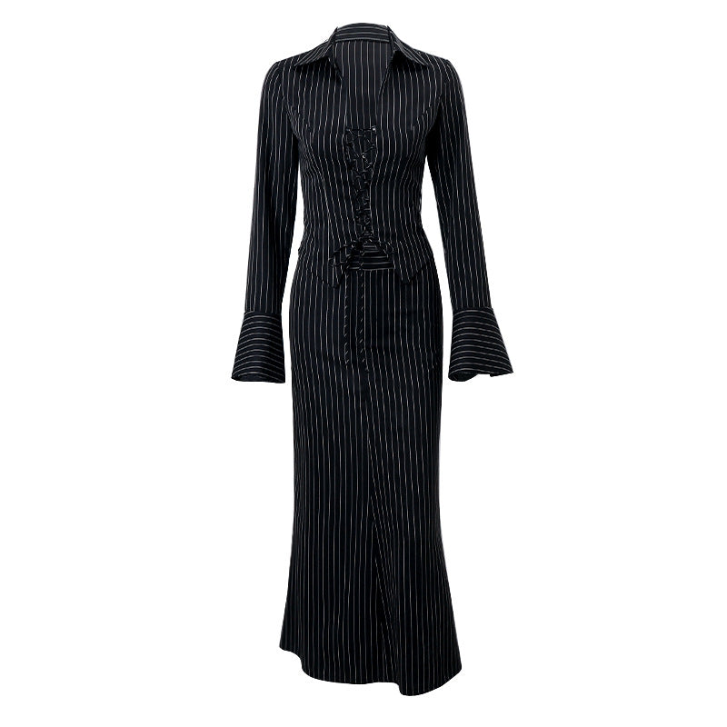 Women's Autumn New Sexy Temperament Satin Lace-Up Long Sleeve Top Fashion Skirt Suit