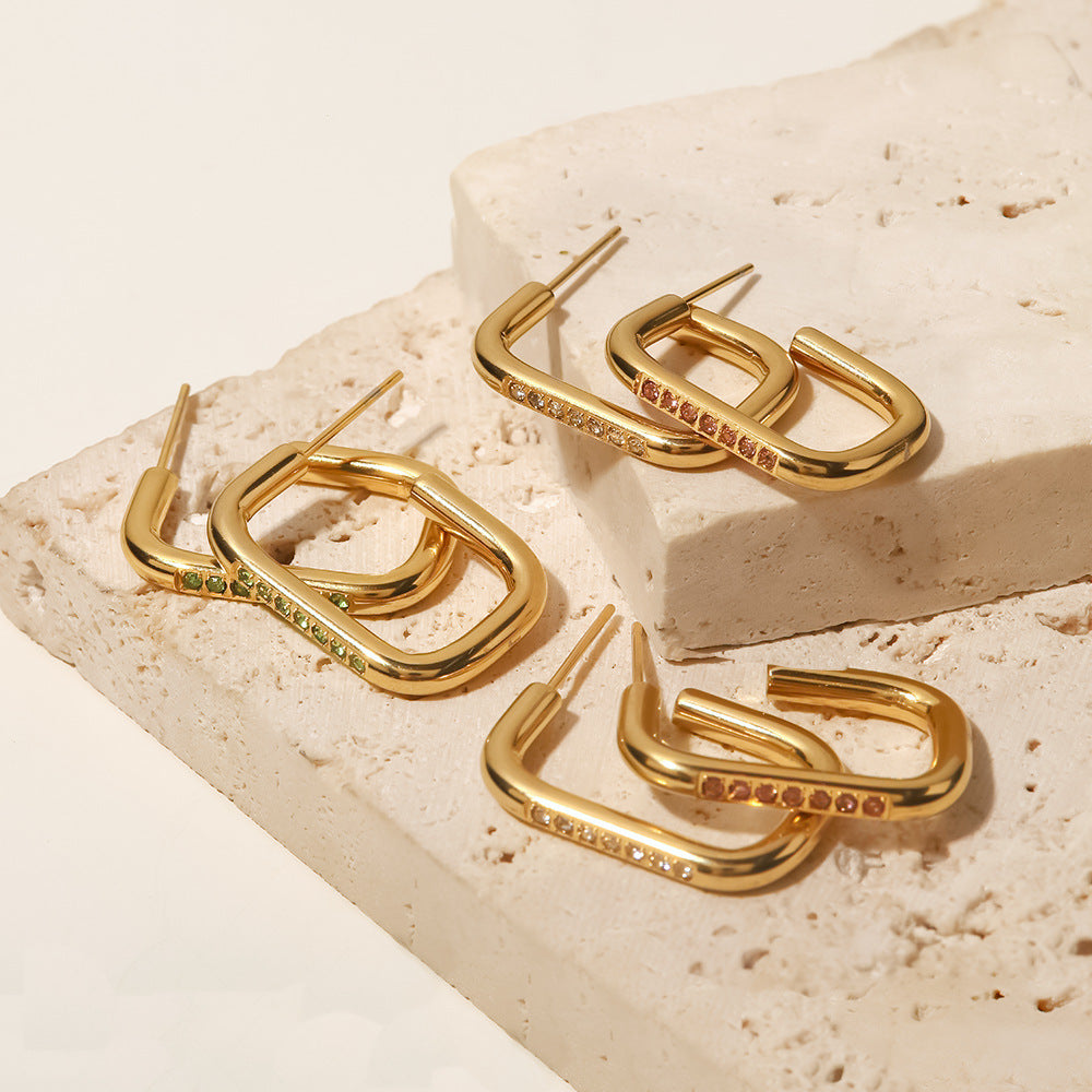 5pcs 18K Gold-Plated Stainless Steel Ring Earrings White // Light Green Inlaid Zircon Titanium Steel Earrings Female