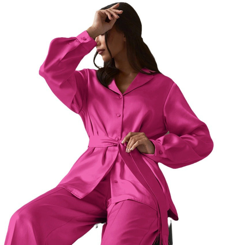 Khaki Suit Collar Feather High Waist Elastic Satin Suit New Spring Fashion Woman