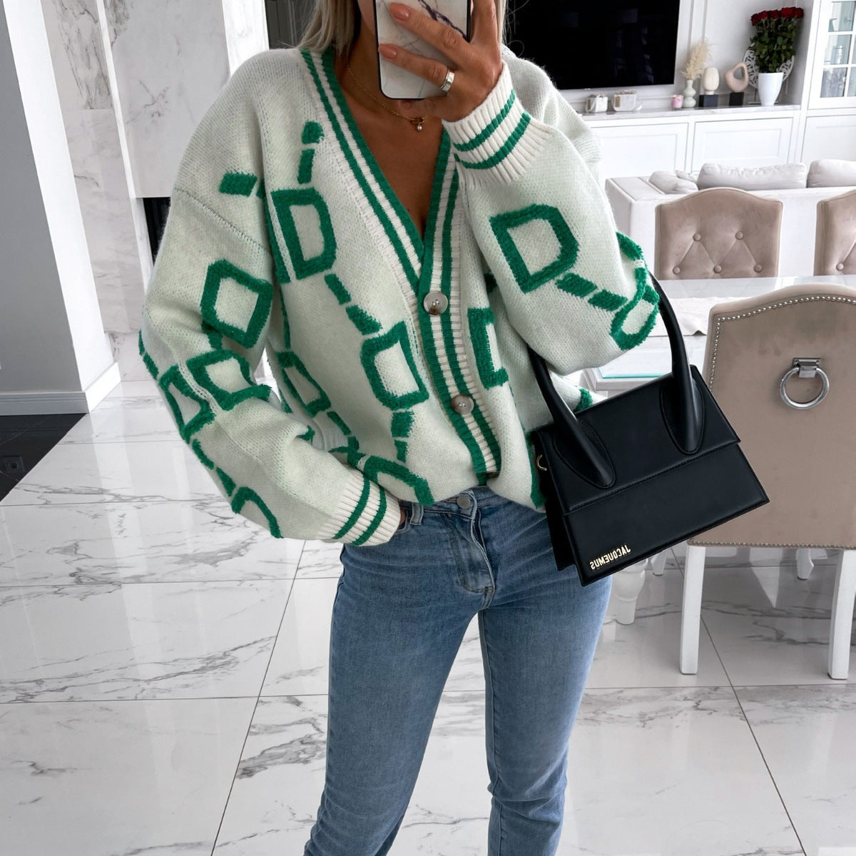Autumn And Winter New Casual Color Contrast Letters Single-Breasted Long-Sleeved Sweater Cardigan Coat