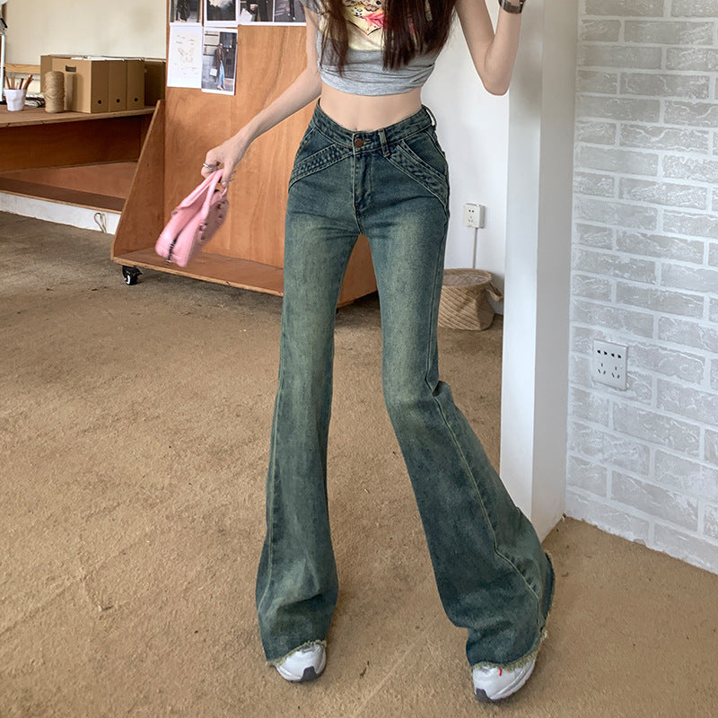 High-Waisted Micro-Cut Jeans Girl Spice Retro Raw Edge Design Sense Slim Loose Straight Tube Flared Floor Pants