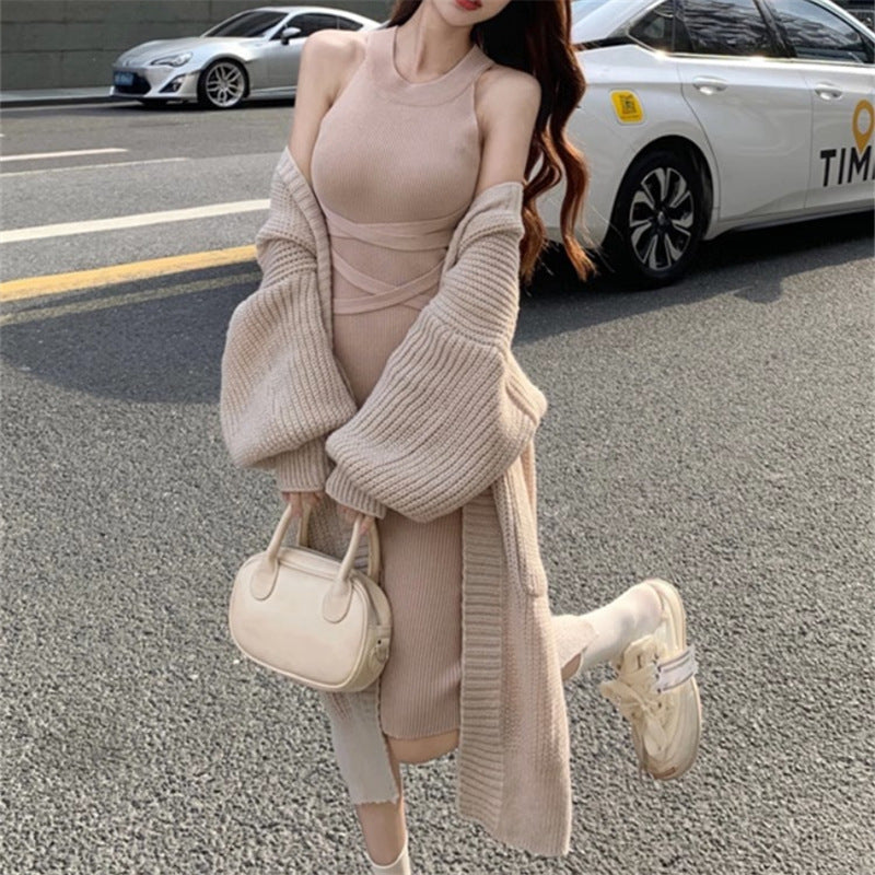 Chic & Cozy: Fall/Winter Pure Lazy Style Knit Skirt + Sweater Coat Set for Fashion-Savvy Women