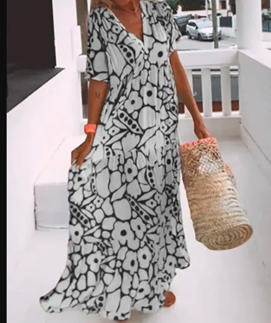 Dress Summer New Women Printed Short-Sleeved V-Neck Dress