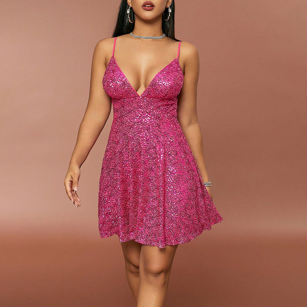 Summer New Sexy Sweet Hot Wind Dress Sequin Splicing Deep V Halter Skirt Dress
